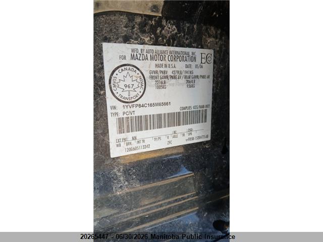 20265447 :رقم المزاد ، 1YVFP84C165M65661 vin ، 2006 Mazda Mazda6 Sport Gs مزاد بيع
