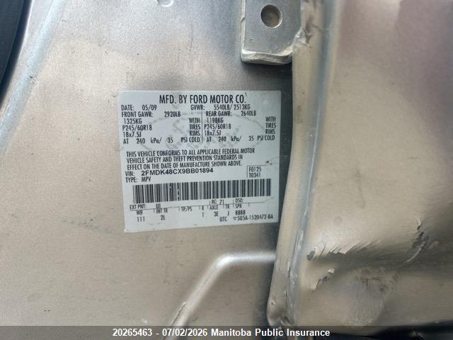 20265463 :رقم المزاد ، 2FMDK48CX9BB01894 vin ، 2009 Ford Edge Sel مزاد بيع