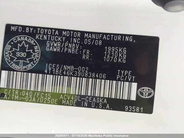 Aukcja sprzedaży 2009 Toyota Camry Se, vin: 4T1BE46K39U838406, numer aukcji: 20265471