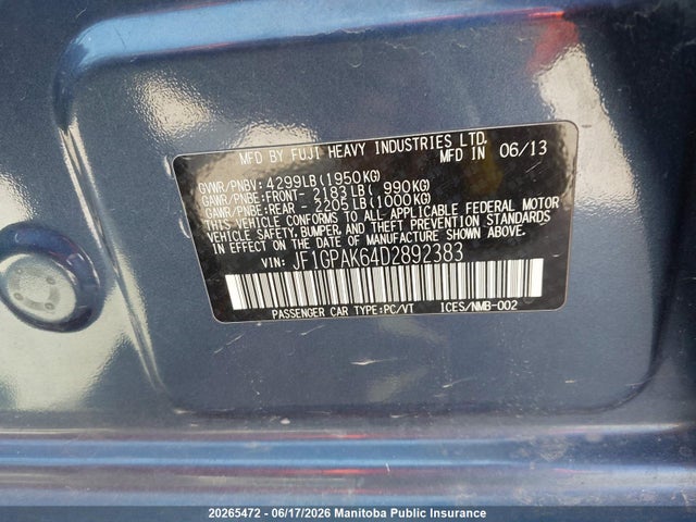 Продаж на аукціоні авто 2013 Subaru Impreza 2.0i, vin: JF1GPAK64D2892383, номер лоту: 20265472