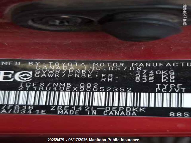 2009 Toyota Corolla Ce მანქანა იყიდება აუქციონზე, vin: 2T1BU40EX9C052352, აუქციონის ნომერი: 20265479