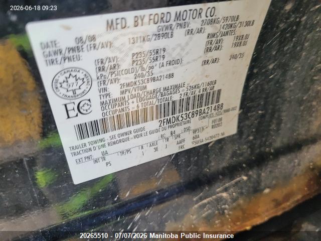 Продаж на аукціоні авто 2009 Ford Flex Limited, vin: 2FMDK53C89BA21488, номер лоту: 20265510
