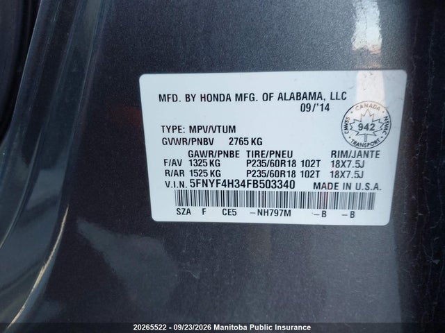 Aukcja sprzedaży 2015 Honda Pilot Se, vin: 5FNYF4H34FB503340, numer aukcji: 20265522