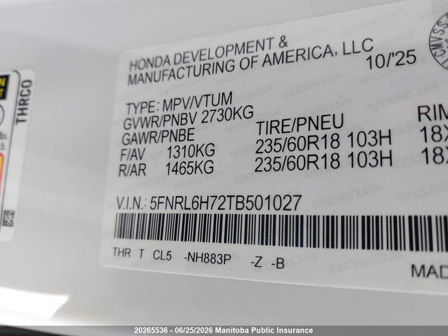 20265536 :رقم المزاد ، 5FNRL6H72TB501027 vin ، 2026 Honda Odyssey Sport-l مزاد بيع