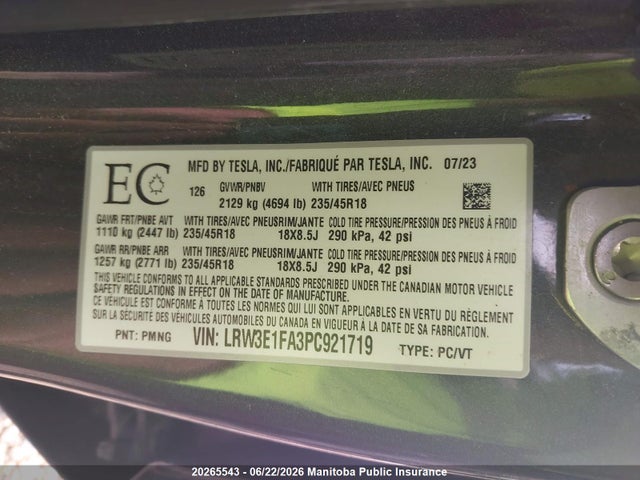 Продажа на аукционе авто 2023 Tesla Model 3 Standard Range Plus 50, vin: LRW3E1FA3PC921719, номер лота: 20265543
