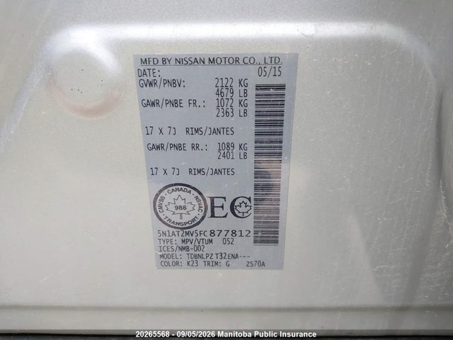 Aukcja sprzedaży 2015 Nissan Rogue S, vin: 5N1AT2MV5FC877812, numer aukcji: 20265568