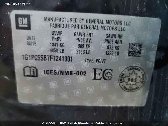 Продажа на аукционе авто 2015 Chevrolet Cruze Lt Turbo, vin: 1G1PC5SB7F7241001, номер лота: 20265586