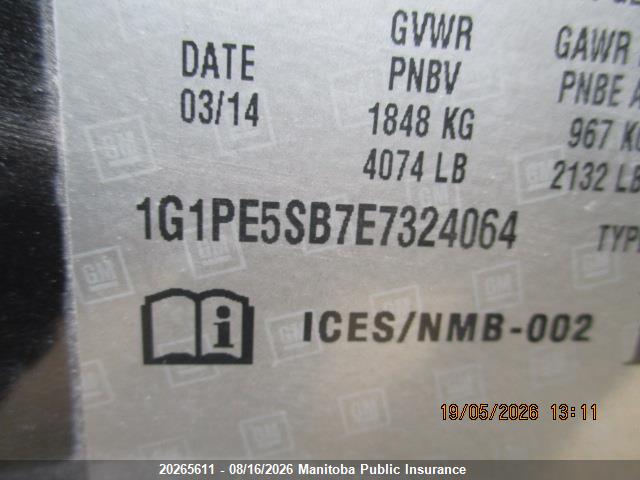 1G1PE5SB7E7324064 Chevrolet Cruze Lt Turbo