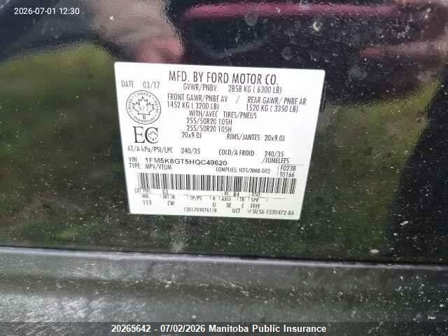 20265642 :رقم المزاد ، 1FM5K8GT5HGC49620 vin ، 2017 Ford Explorer Sport Ecoboost مزاد بيع