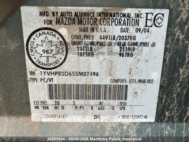 20265644 :رقم المزاد ، 1YVHP83D655M07496 vin ، 2005 Mazda Mazda6 Sport Gt V6 مزاد بيع