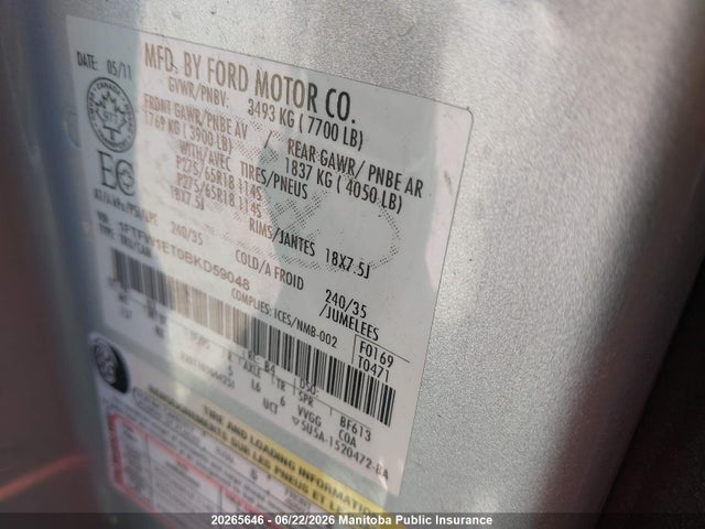20265646 :رقم المزاد ، 1FTFW1ET0BKD59048 vin ، 2011 Ford F150 Fx4 Supercrew مزاد بيع