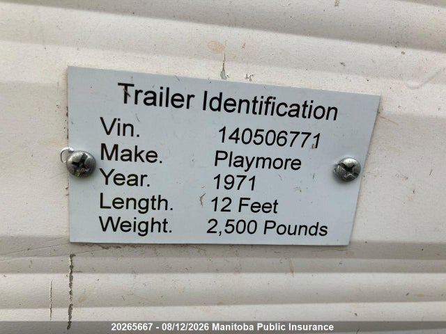 Aukcja sprzedaży 1971 Camper Trailer Playmor, vin: 140506771, numer aukcji: 20265667