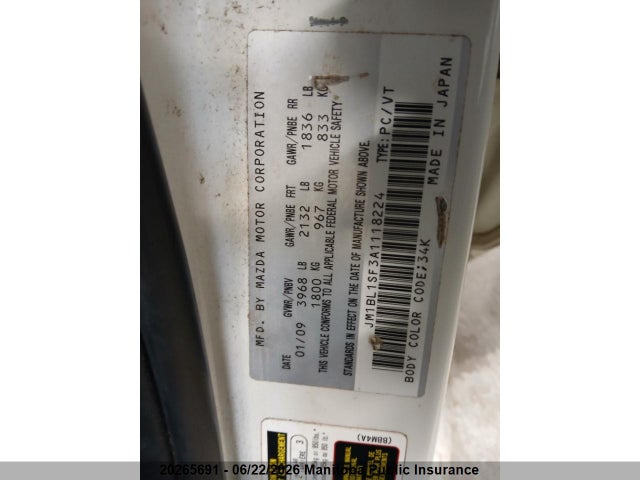 20265691 :رقم المزاد ، JM1BL1SF3A1118224 vin ، 2010 Mazda 3 Mazda Gs مزاد بيع