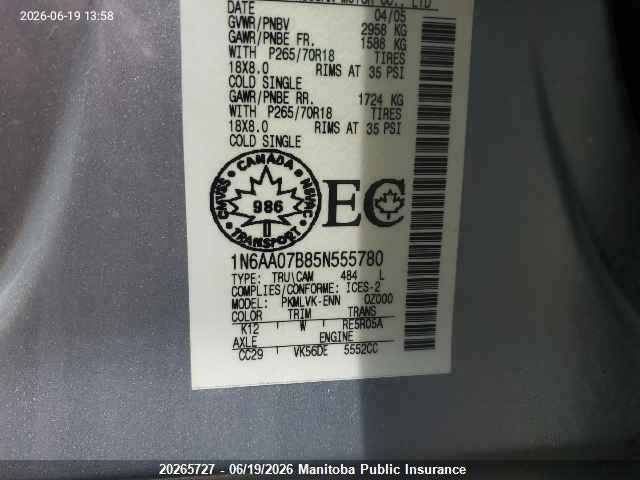 Aukcja sprzedaży 2005 Nissan Titan 5.6 Le Crew Cab, vin: 1N6AA07B85N555780, numer aukcji: 20265727