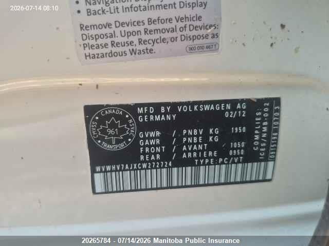 20265784 :رقم المزاد ، WVWHV7AJXCW272724 vin ، 2012 Volkswagen Gti 2.0t مزاد بيع