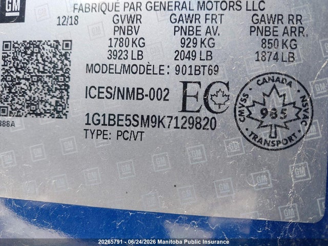 1G1BE5SM9K7129820 Chevrolet Cruze Lt Turbo