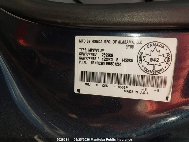 20265811 :رقم المزاد ، 5FNRL38619B501261 vin ، 2009 Honda Odyssey Ex-l مزاد بيع