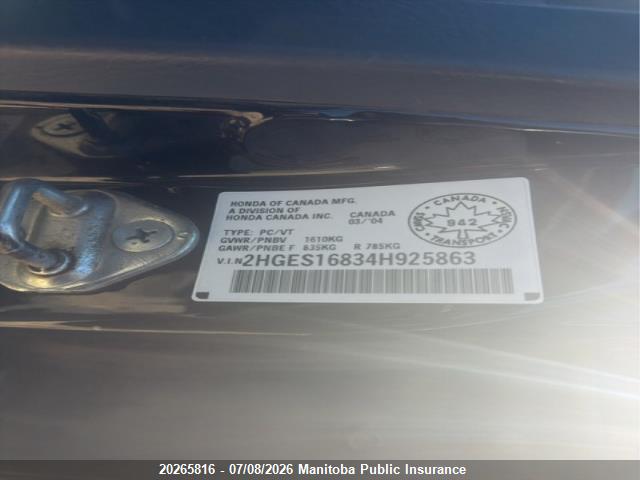 2004 Honda Civic Si მანქანა იყიდება აუქციონზე, vin: 2HGES16834H925863, აუქციონის ნომერი: 20265816