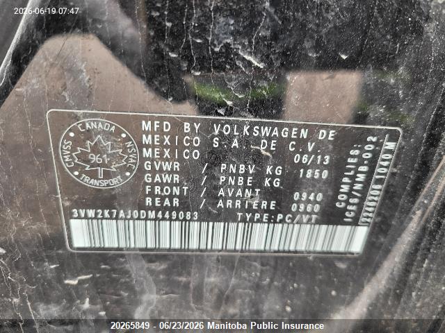 20265849 :رقم المزاد ، 3VW2K7AJ0DM449083 vin ، 2013 Volkswagen Jetta 2.0 مزاد بيع