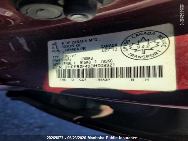 20265873 :رقم المزاد ، 2HGFB2F49DH008921 vin ، 2013 Honda Civic Lx مزاد بيع