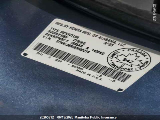 20265912 :رقم المزاد ، 5FNRL38686B500278 vin ، 2006 Honda Odyssey Ex-l Ex-l مزاد بيع