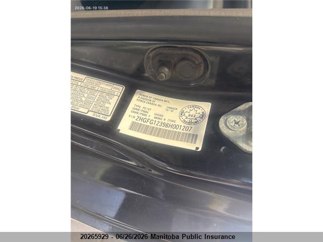 Aukcja sprzedaży 2008 Honda Civic Dx, vin: 2HGFG12398H001207, numer aukcji: 20265929