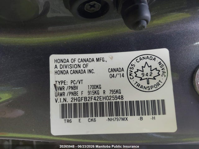 Honda Civic Lx 2014 2HGFB2F42EH025948 Image 8