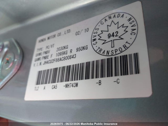 20265975 :رقم المزاد ، JH4CU2F66AC800843 vin ، 2010 Acura Tsx مزاد بيع