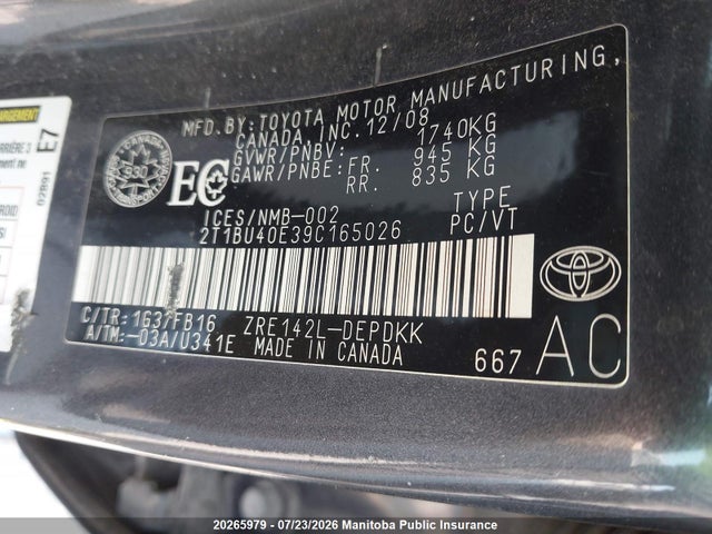 2009 Toyota Corolla Ce მანქანა იყიდება აუქციონზე, vin: 2T1BU40E39C165026, აუქციონის ნომერი: 20265979