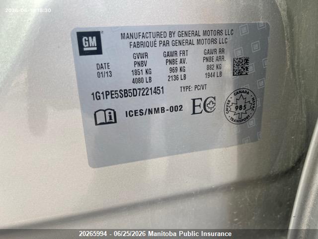 Aukcja sprzedaży 2013 Chevrolet Cruze Lt Turbo, vin: 1G1PE5SB5D7221451, numer aukcji: 20265994