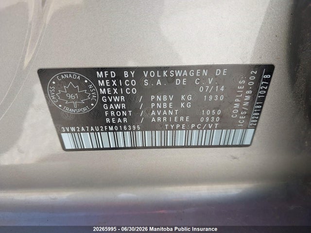Продаж на аукціоні авто 2015 Volkswagen Golf 2.0 Tdi, vin: 3VW2A7AU2FM016395, номер лоту: 20265995