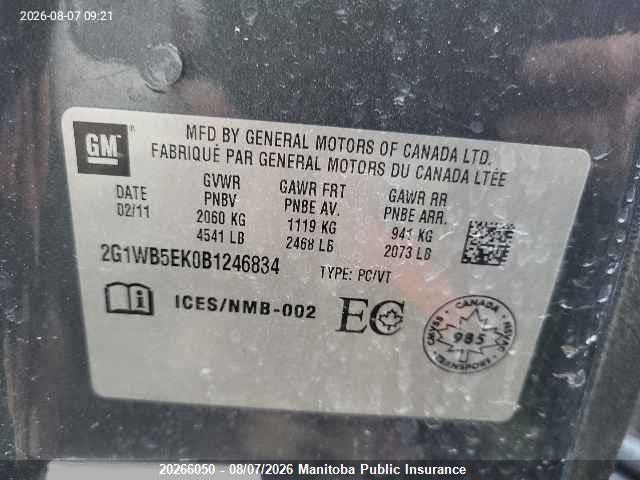 20266050 :رقم المزاد ، 2G1WB5EK0B1246834 vin ، 2011 Chevrolet Impala Lt V6 مزاد بيع