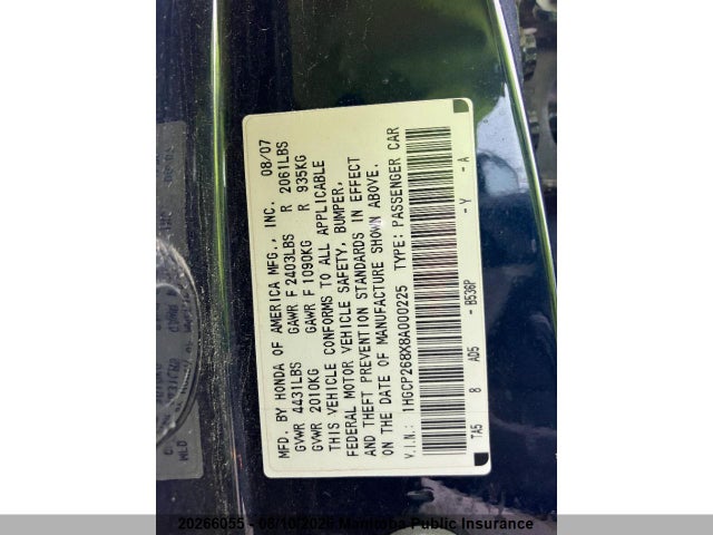 2008 Honda Accord Ex-l მანქანა იყიდება აუქციონზე, vin: 1HGCP268X8A000225, აუქციონის ნომერი: 20266055