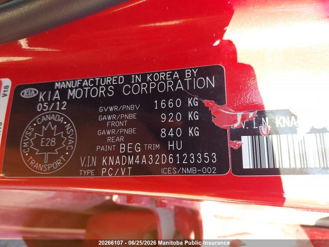 20266107 :رقم المزاد ، KNADM4A32D6123353 vin ، 2013 Kia Rio Lx مزاد بيع