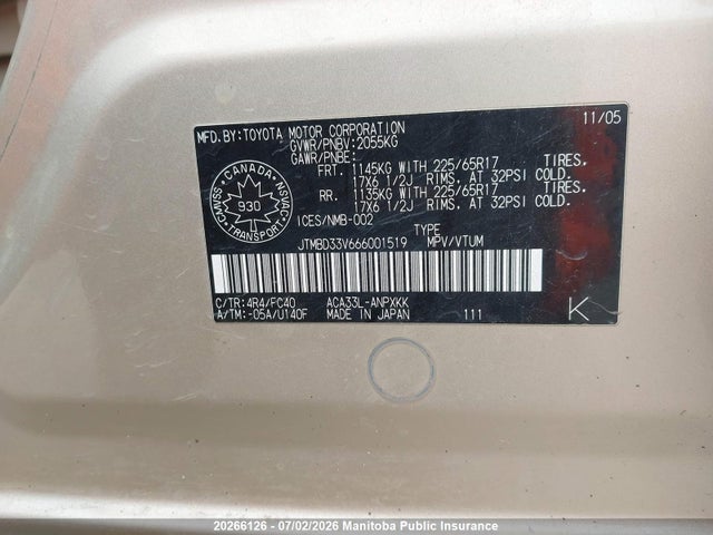 2006 Toyota Rav4 მანქანა იყიდება აუქციონზე, vin: JTMBD33V666001519, აუქციონის ნომერი: 20266126
