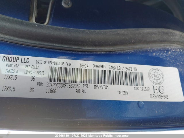 2015 Dodge Journey Sxt მანქანა იყიდება აუქციონზე, vin: 3C4PDCCGXFT562853, აუქციონის ნომერი: 20266130