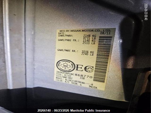 Aukcja sprzedaży 2011 Nissan Maxima 3.5 Sv, vin: 1N4AA5AP1BC868770, numer aukcji: 20266140