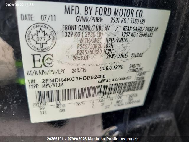 20266151 :رقم المزاد ، 2FMDK4KC3BBB62468 vin ، 2011 Ford Edge Limited مزاد بيع
