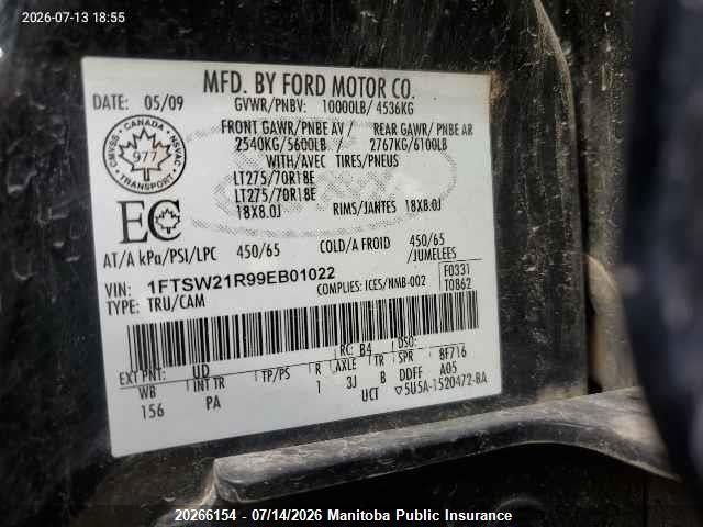 Aukcja sprzedaży 2009 Ford F250 Sd Lariat Crew Cab, vin: 1FTSW21R99EB01022, numer aukcji: 20266154