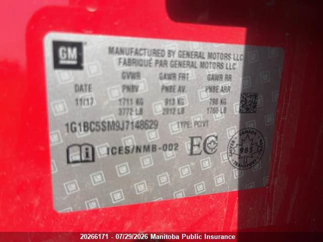 20266171 :رقم المزاد ، 1G1BC5SM9J7148629 vin ، 2018 Chevrolet Cruze Ls Turbo مزاد بيع