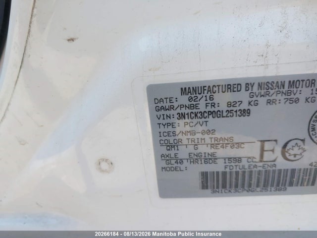 20266184 :رقم المزاد ، 3N1CK3CP0GL251389 vin ، 2016 Nissan Micra Sv مزاد بيع