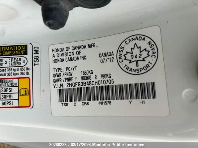 Продажа на аукционе авто 2012 Honda Civic Dx, vin: 2HGFG3B48CH010705, номер лота: 20266223