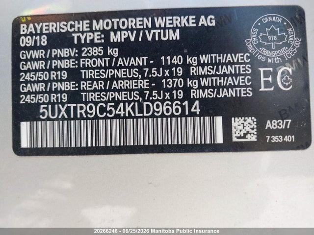 BMW X3 30i 2019 5UXTR9C54KLD96614 Image 9