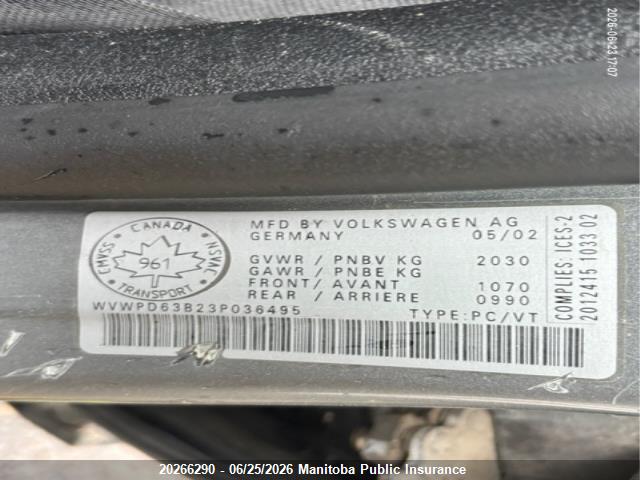 20266290 :رقم المزاد ، WVWPD63B23P036495 vin ، 2003 Volkswagen Passat Gls مزاد بيع