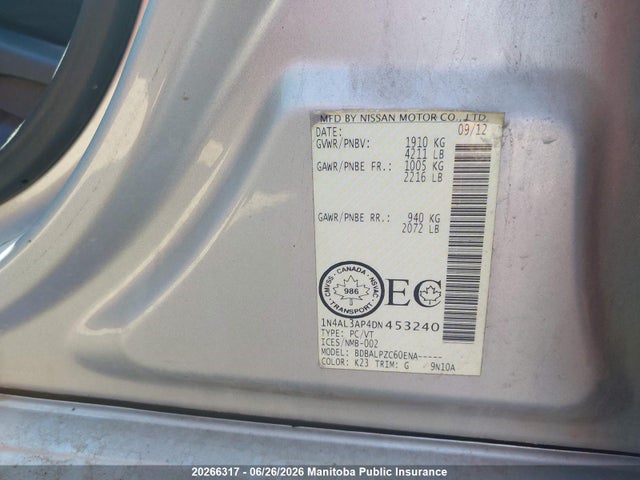 Aukcja sprzedaży 2013 Nissan Altima 2.5 S, vin: 1N4AL3AP4DN453240, numer aukcji: 20266317