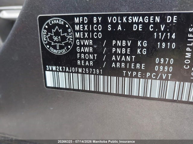2015 Volkswagen Jetta 2.0 მანქანა იყიდება აუქციონზე, vin: 3VW2K7AJ0FM257391, აუქციონის ნომერი: 20266325