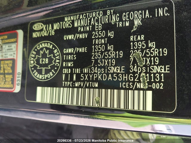 20266336 :رقم المزاد ، 5XYPKDA53HG281131 vin ، 2017 Kia Sorento Sx V6 مزاد بيع