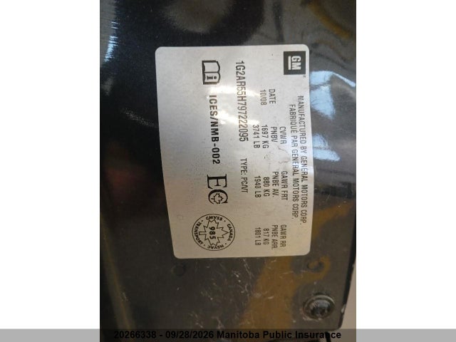 20266338 :رقم المزاد ، 1G2AR55H797222095 vin ، 2009 Pontiac G5 مزاد بيع