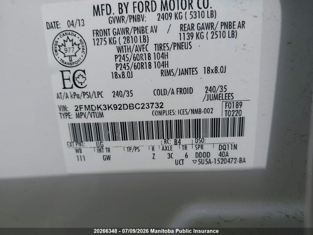 20266348 :رقم المزاد ، 2FMDK3K92DBC23732 vin ، 2013 Ford Edge Limited Ecoboost مزاد بيع