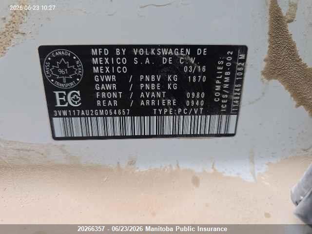 20266357 :رقم المزاد ، 3VW117AU2GM054657 vin ، 2016 Volkswagen Golf 1.8 Tsi مزاد بيع